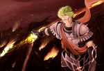  achilles_(fate) armor fate/apocrypha fate_(series) green_hair highres holding holding_weapon male_focus mukade_(siieregannsu) polearm solo spear weapon yellow_eyes 