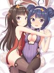  ahoge animal_ears ass azur_lane bad_id bad_pixiv_id bangs bare_shoulders black_hair black_legwear blue_hair blue_ribbon braid breasts bunny_ears bunny_girl bunny_tail center_opening chinese_clothes covered_navel da_un double_bun hair_ornament hair_ribbon hairband holding_hands hug long_hair looking_at_viewer lying medium_breasts multiple_girls ning_hai_(azur_lane) on_back on_bed on_side open_mouth pantyhose ping_hai_(azur_lane) purple_eyes ribbon short_hair siblings sideboob sisters small_breasts striped tail thighhighs vertical_stripes 