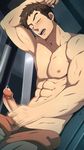  1boy blush brown_eyes brown_hair earings erection eyes_closed gundam gundam_tekketsu_no_orphans male_focus masturbation mazjojo muscle nipples norba_shino pecs penis precum sweat 