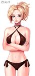  bikini black_bikini black_nails blcackup blonde_hair blue_eyes breasts cleavage covered_nipples cowboy_shot criss-cross_halter crossed_arms halterneck high_ponytail highres large_breasts looking_at_viewer md5_mismatch mercy_(overwatch) nail_polish navel o-ring o-ring_top overwatch pink_lips side-tie_bikini simple_background solo sweat swimsuit white_background 