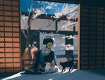  black_cat black_hair blue_kimono blurry blurry_background bowl cat cherry_blossoms closed_eyes commentary day depth_of_field flower hair_flower hair_ornament holding indoors japanese_clothes japanese_house kimono long_sleeves nihongami obi original pet_bowl pot ration sash seiza shouji sitting sliding_doors snatti solo_focus tree wide_sleeves 