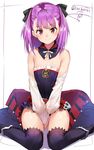  bare_shoulders belt between_legs black_ribbon detached_collar detached_sleeves eyebrows_visible_through_hair fate/grand_order fate_(series) flat_chest hair_ribbon hand_between_legs helena_blavatsky_(fate/grand_order) highres isshiki_(ffmania7) looking_at_viewer pink_eyes purple_hair ribbon simple_background sitting sleeveless smile solo thighhighs twitter_username wariza white_background white_sleeves 