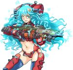  armor backpack bag bikini_armor blue_eyes blue_hair butterfly_on_hair cameltoe crazy_smile electricity firing gloves gun hmage machine_gun mecha_musume midriff monarch_(titanfall_2) navel parted_lips personification skindentation stomach thighhighs titanfall titanfall_2 transparent_background weapon 