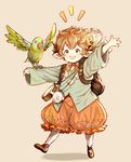  1girl :d animal_on_arm backpack bag bird bird_on_arm blue_eyes blush brown_background brown_footwear brown_hair compass granblue_fantasy green_shirt harvin highres long_sleeves open_mouth orange_pants outstretched_arms parrot puffy_pants rantan scroll shadow shirt short_hair sierokarte smile standing standing_on_one_leg 