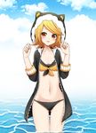  :p adapted_costume animal_hood ass_visible_through_thighs bangs bikini black_bikini_bottom black_jacket blonde_hair blue_sky blush breasts cat_hood cleavage closed_mouth cloud collarbone commentary_request day fur_trim head_tilt highres hood hood_up jacket kagamine_rin kunoichi_demo_koi_ga_shitai_(vocaloid) long_sleeves looking_at_viewer md5_mismatch mismatched_bikini nail_polish navel open_clothes open_jacket orange_eyes orange_konkon_(module) partial_commentary project_diva_(series) project_diva_x sailor_bikini sailor_collar short_hair sky small_breasts smile solo stomach sudachi_(calendar) sweat swept_bangs swimsuit tareme thighs tongue tongue_out unzipped vocaloid w_arms wading water yellow_bikini_top yellow_nails zipper 