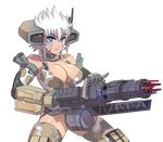  armor bare_shoulders blue_eyes breasts camouflage cleavage detached_sleeves frown gatling_gun gun helmet hmage large_breasts legion_(titanfall_2) mecha_musume minigun personification thighhighs titanfall titanfall_2 transparent_background weapon white_hair 