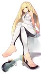  barefoot batatata77 blonde_hair crossed_legs dress feet full_body green_eyes high_heels highres leggings long_hair looking_at_viewer lusamine_(pokemon) multicolored multicolored_clothes multicolored_legwear open_toe_shoes pokemon pokemon_(game) pokemon_sm shoes short_dress simple_background single_shoe sitting sleeveless sleeveless_dress solo toe_cleavage toes transparent two-tone_legwear white_background white_dress 