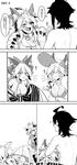  3koma 4girls :3 absurdres ahoge animal_ears artist_self-insert atalanta_(fate) back bare_back bare_shoulders barefoot blush blush_stickers breasts cat_ears cleavage closed_eyes collarbone comic dual_persona ear_wiggle fang fate/apocrypha fate/grand_order fate_(series) fox_ears fox_tail from_behind greyscale hair_ribbon highres japanese_clothes kimono lap_pillow large_breasts long_hair looking_at_viewer monochrome multiple_girls off_shoulder on_lap one_eye_closed open_mouth paw_pose paws peeking_out petting ribbon saliva saliva_trail slit_pupils smile sparkle swimsuit tail tamamo_(fate)_(all) tamamo_cat_(fate) tamamo_no_mae_(fate) tamamo_no_mae_(swimsuit_lancer)_(fate) translated trembling wulazula 