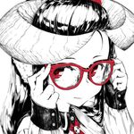  adjusting_eyewear face glasses horns jaco looking_at_viewer monochrome original portrait red-framed_eyewear red_eyes red_ribbon ribbon solo spot_color 