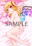  :o barefoot bed_sheet bikini blonde_hair blush crystal fang flandre_scarlet flat_chest hair_ribbon long_hair looking_at_viewer lying on_side pillow polka_dot polka_dot_scrunchie red_eyes ribbon sample scrunchie shouji_ayumu side-tie_bikini side_ponytail solo swimsuit touhou white_bikini wings wrist_scrunchie 