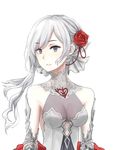  arms_at_sides asymmetrical_hair bare_shoulders blue_eyes breasts cleavage closed_mouth dress eyebrows_visible_through_hair flower hair_between_eyes hair_flower hair_ornament heart highres jijinjiji long_hair looking_at_viewer medium_breasts sinoalice snow_white_(sinoalice) solo upper_body white_dress white_hair 