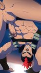  10s 2boys all_fours black_hair blush clenched_teeth erection kill_la_kill kinagase_tsumugu kneeling male_focus mazjojo multicolored_hair multiple_boys muscle nipples pecs penetration penis plaster red_hair sweat testicles yaoi 