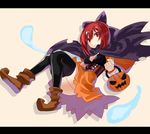  :o adapted_costume basket black_legwear boots bow breasts brown_footwear cape cleavage corset dress expressionless grabbing hair_bow halloween_basket highres jack-o'-lantern letterboxed looking_at_viewer looking_to_the_side medium_breasts orange_dress red_eyes red_hair rin_falcon sekibanki short_hair simple_background skirt striped touhou 