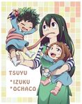  2girls action_figure all_might apron astronaut_helmet asui_tsuyu blush blush_stickers boku_no_hero_academia carrying character_name child freckles frog_girl happy hiyori_(rindou66) holding_toy long_tongue midoriya_izuku multiple_girls no.13 overalls shirt smile striped striped_shirt tongue tongue_out toy uraraka_ochako younger 