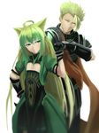  1girl achilles_(fate) ahoge animal_ears armor atalanta_(fate) blonde_hair cat_ears fate/apocrypha fate_(series) fist_bump green_eyes green_hair highres long_hair looking_at_another mukade_(siieregannsu) multicolored_hair one_eye_closed simple_background smile two-tone_hair very_long_hair white_background yellow_eyes 