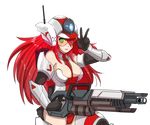  armor bare_shoulders between_breasts bodysuit breasts cannon cleavage elbow_gloves gloves green_eyes gun helmet hmage large_breasts mecha_musume personification red_hair smile thighhighs titanfall titanfall_2 tone_(titanfall_2) transparent_background v visor visor_cap weapon 