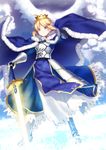  absurdres ahoge armor armored_dress artoria_pendragon_(all) bad_id bad_pixiv_id bangs blonde_hair blue_cape blue_sky boots braid breastplate cape closed_mouth cloud cloudy_sky commentary_request crown day excalibur eyebrows_visible_through_hair fate/stay_night fate_(series) faulds full_body fur_trim gauntlets glowing grass greaves green_eyes hair_bun hand_on_hilt highres holding holding_sword holding_weapon ichiren_namiro legs_apart looking_at_viewer outdoors saber sky solo standing sword weapon 