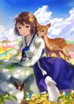  1girl ahoge animal arm_rest bangs blue_sky blush brown_hair bunny cherim closed_mouth cloud cloudy_sky commentary_request day deer field flower flower_field hair_flower hair_ornament hanbok highres korean_clothes light_particles long_sleeves looking_at_viewer meadow mole mole_under_eye original outdoors rock short_hair sky smile solo tareme yellow_eyes yellow_flower 