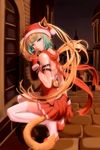  absurdres ahoge animal_ears atalanta_(fate) bell breasts cat_ears cat_tail christmas christmas_stocking fate/apocrypha fate_(series) finger_to_mouth gloves green_eyes green_hair highres long_hair medium_breasts mukade_(siieregannsu) solo squatting tail thighhighs twintails very_long_hair white_legwear 