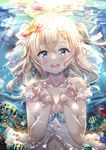  :d air_bubble babydoll bangs blonde_hair blue_eyes blush bubble cenangam collarbone coral_reef crossed_bangs fish flower forearms_at_chest hair_flower hair_ornament highres long_hair looking_at_viewer navel one_side_up open_mouth original round_teeth smile solo teeth underwater upper_teeth 