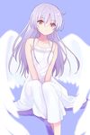  alternate_costume angel_beats! angel_wings asami_yuriko blue_background dress full_body long_hair looking_at_viewer silver_hair simple_background sitting sleeveless sleeveless_dress solo tenshi_(angel_beats!) white_dress white_wings wings yellow_eyes 