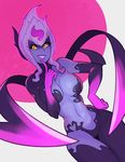  :d blue_skin breasts cleavage cowboy_shot evelynn eyebrows_visible_through_hair finger_to_mouth fingernails highres league_of_legends lipstick makeup medium_breasts navel open_mouth scythe sharp_fingernails smile solo splashbrush white_hair yellow_eyes 