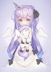  angel_wings azur_lane black_ribbon blue_background blush detached_sleeves dress hair_ornament highres horn long_hair looking_at_viewer object_hug object_namesake purple_eyes purple_hair ribbon see-through shaneru side_ponytail solo stuffed_alicorn stuffed_animal stuffed_toy unicorn_(azur_lane) wings 