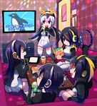  5girls artist_request black_hair breasts emperor_penguin_(kemono_friends) female gentoo_penguin_(kemono_friends) hair_over_one_eye humboldt_penguin_(kemono_friends) karaoke kemono_friends leotard long_hair medium_breasts multiple_girls open_mouth penguin penguins_performance_project_(kemono_friends) red_eyes rockhopper_penguin_(kemono_friends) royal_penguin_(kemono_friends) singing sitting smile team twintails two-tone_hair 