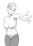  areolae blush breasts dekapoi earrings greyscale jewelry large_breasts monochrome navel necklace nipples outstretched_arm puffy_nipples ring short_hair simple_background smile solo topless unbuttoned_pants underwear 