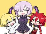  2boys :d =_= alexander_(fate/grand_order) armor bare_shoulders belt blonde_hair blush_stickers boobplate braid breastplate breasts chan_co chibi child child_gilgamesh commentary_request cowboy_shot elbow_gloves eyebrows_visible_through_hair fate/grand_order fate_(series) gauntlets gloves hair_between_eyes hair_over_one_eye hands_up happy hood hoodie large_breasts lifting_person long_sleeves mash_kyrielight multiple_boys open_mouth purple_hair red_hair single_braid smile standing white_hoodie 