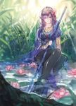  armlet bracelet earrings fate/grand_order fate_(series) flower grass hair_flower hair_ornament highres indian_clothes jewelry long_hair looking_at_viewer matou_sakura pantyhose partially_submerged parvati_(fate/grand_order) polearm purple_eyes purple_hair ratcy_(ansuta_rm) sitting smile solo water weapon 