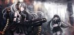  absurdres aircraft airplane ammunition_belt arm_at_side arm_up armor bangs bare_shoulders black black_dress black_gloves black_hair black_legwear black_serafuku black_skirt bow bowtie breasts building cityscape closed_mouth cloud cloudy_sky commentary_request destroyer_(girls_frontline) double_bun dress expressionless floating floating_hair floating_weapon from_below from_side girls_frontline gloves green_ribbon grenade_launcher grey_eyes grey_hair hair_between_eyes hair_bun hair_ornament hand_in_hair hand_on_hip hand_to_own_mouth highres horns jet lens_flare long_hair looking_at_viewer midriff multiple_aircraft multiple_girls navel npt_(akzkfhsk0503) ouroboros_(girls_frontline) outdoors pale_skin pantyhose partial_bodysuit pleated_skirt red_eyes ribbon rigging rubble ruins sailor_collar sangvis_ferri school_uniform serafuku serious shirt sidelocks simple_background skirt sky skyscraper small_breasts smile standing thighhighs torn_clothes torn_legwear torn_shirt torn_skirt twilight twintails very_long_hair weapon white_bow white_neckwear wind window yellow_eyes zettai_ryouiki 