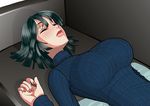  1girl black_hair blush breasts caustica closed_mouth couch eyes_closed fubuki_(one-punch_man) highres indoors large_breasts lips long_sleeves lying nail_polish one-punch_man red_nails short_hair sleeping solo sweater turtleneck turtleneck_sweater upper_body 