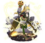  animal_ears blonde_hair breasts brown_footwear cleavage fox_ears fox_tail full_body gloves green_eyes green_legwear grey_gloves hair_between_eyes halloween halloween_costume holding large_breasts leafa leg_up long_hair midriff navel official_art paw_gloves paws ponytail simple_background solo stomach striped striped_legwear sword_art_online sword_art_online:_code_register sword_art_online:_memory_defrag tail thighhighs vertical-striped_legwear vertical_stripes white_background 