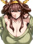  ahoge bare_shoulders breasts brown_hair cleavage collarbone double_bun eyebrows_visible_through_hair green_sweater hairband hands_on_hips headgear huge_breasts kantai_collection kongou_(kantai_collection) long_hair looking_at_viewer nose_shade purple_eyes ribbed_sweater sidelocks simple_background sleeves_past_wrists smile solo sweater tsukasawa_takamatsu white_background 