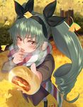  :q anchovy aqua_hair autumn autumn_leaves baozi black_coat black_footwear black_hairband black_ribbon blurry blurry_background blush brown_eyes chromatic_aberration day depth_of_field drill_hair food foreshortening girls_und_panzer hair_ribbon hairband highres kabocha_(monkey4) leaf licking loafers long_sleeves looking_at_viewer multicolored multicolored_clothes multicolored_scarf outdoors pantyhose ribbon scarf shoes solo steam tongue tongue_out twin_drills v-shaped_eyebrows white_legwear 