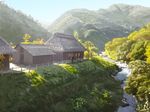  day fence house mountain no_humans outdoors picket_fence river rural scenery sky t-3_design thatched_roof tree wooden_fence 