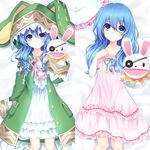  animal_ears animal_hood arm_up bed_sheet blue_eyes breeze_(wcf) bunny_hood collarbone dakimakura date_a_live dress eyebrows_visible_through_hair fake_animal_ears from_above green_hair hair_between_eyes hood long_hair looking_at_viewer lying multiple_views on_back pillow pink_dress pink_ribbon ribbon shiny shiny_skin sleeveless sleeveless_dress smile white_dress yoshino_(date_a_live) yoshinon 