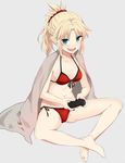  :d bare_legs barefoot bikini blonde_hair braid breasts cleavage controller dualshock fate/grand_order fate_(series) front-tie_bikini front-tie_top full_body game_controller gamepad green_eyes grey_background halterneck ica indian_style jpeg_artifacts long_hair mordred_(fate)_(all) mordred_(swimsuit_rider)_(fate) navel open_mouth playing_games ponytail side-tie_bikini simple_background sitting small_breasts smile solo swimsuit v-shaped_eyebrows 