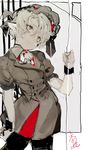  alternate_costume ascot black_pants closed_mouth frown gloves grey_jacket hand_up headdress highres hiranko jacket looking_up pants pointy_ears purple_eyes remilia_scarlet short_sleeves signature slit_pupils solo standing touhou white_gloves white_hair 