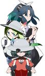  :| backpack bag black_eyes black_gloves black_hair black_legwear blue_eyes breasts closed_mouth collarbone eyebrows_visible_through_hair glasses gloves green_hair hair_ribbon hat hat_feather holding holding_strap kaban_(kemono_friends) kako_(kemono_friends) kemono_friends labcoat large_breasts light_green_hair long_hair long_sleeves looking_at_viewer mirai_(kemono_friends) multicolored_hair multiple_girls one_eye_covered pantyhose r-one red_shirt ribbon shirt short_hair short_sleeves simple_background smile v-shaped_eyebrows white_background white_gloves 