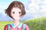  blue_sky brown_hair cloud day grass hyouka ibara_mayaka looking_at_viewer outdoors pink_eyes pink_shirt shirt short_hair sky t-3_design upper_body 