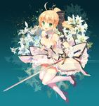  artoria_pendragon_(all) bare_shoulders blonde_hair blush bow breasts commentary dress fate/unlimited_codes fate_(series) gloves green_eyes hair_bow high_heels holding holding_sword holding_weapon long_hair looking_at_viewer medium_breasts mintchoco_(orange_shabette) open_mouth saber_lily simple_background solo strapless strapless_dress sword thighhighs weapon white_dress white_gloves white_legwear zettai_ryouiki 