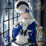  1girl 2018 animal bangs bird birdcage black_bow blue_choker blue_dress blue_eyes bluebird bow cage choker closed_mouth cowboy_shot curtains dress eyebrows_visible_through_hair frilled_dress frills hands_up head_tilt headdress holding indoors jewelry kinokohime leaf long_dress long_hair long_sleeves looking_to_the_side merry_christmas original ribbon_choker sidelocks smile solo standing white_hair wide_sleeves window 