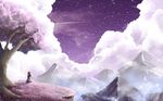  brown_hair cliff cloud cloudy_sky commentary facing_away fantasy fog from_behind grass long_hair mountain original outdoors purple_sky shooting_star sitting sky solo soup-plz star_(sky) starry_sky tree 