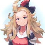  ahoge blonde_hair blue_eyes blurry bravely_default:_flying_fairy bravely_default_(series) closed_mouth commentary edea_lee hair_ornament head_tilt highres light_blush long_hair looking_at_viewer reiesu_(reis) shirt signature smile solo 