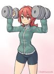  aqua_jacket bangs bike_shorts black_shorts blush breasts closed_mouth cowboy_shot dumbbell exercise eyebrows_visible_through_hair flipped_hair gradient gradient_background hair_between_eyes hair_intakes hands_up highres holding jacket kantai_collection kinu_(kantai_collection) legs_apart lifting long_sleeves looking_away medium_breasts medium_hair omochi_(pettan_omochi) parted_bangs pink_background pink_eyes pink_hair pocket shorts solo standing sweatdrop thighs track_jacket turtleneck twitter_username v-shaped_eyebrows weights white_background zipper zipper_pull_tab 