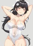  armpits arms_behind_head arms_up ass_visible_through_thighs azur_lane black_hair blush bow breasts brown_eyes casual_one-piece_swimsuit closed_mouth covered_navel cowboy_shot criss-cross_halter flower grey_background hair_bow hair_flower hair_ornament halterneck heart heart-shaped_pupils highleg highleg_swimsuit large_breasts long_hair looking_at_viewer navel nuko_(mikupantu) one-piece_swimsuit ponytail see-through solo swimsuit symbol-shaped_pupils takao_(azur_lane) very_long_hair wavy_mouth white_bow white_flower white_swimsuit 