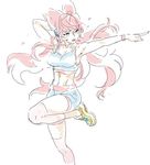  abs breasts cleavage commentary_request flying_sweatdrops groin hanakuso large_breasts long_hair maria_cadenzavna_eve midriff pink_hair pointing_to_the_side senki_zesshou_symphogear shoes simple_background sketch sneakers solo standing standing_on_one_leg thighs white_background 