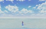  blue_dress blue_sky brown_hair cloud cloudy_sky commentary day dress facing_away from_behind horizon long_hair long_sleeves ocean original outdoors ribbon sky solo soup-plz standing wading water_surface 